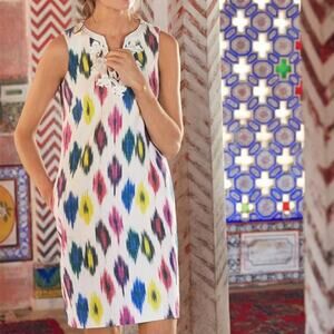 J. Crew Watercolor Ikat Print Cotton Blend Shift Dress in White /Multi Size 4